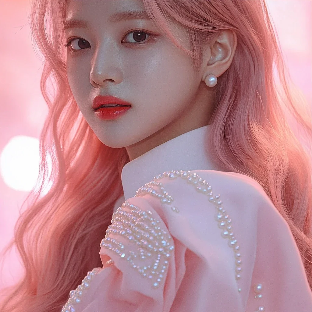 insert, the pearl-embroidered cuff and the clasp of the short cape in close detail, stage haze behind. a Korean woman aged 23 with a soft oval face and full cheeks, warm dark brown eyes, a tiny beauty