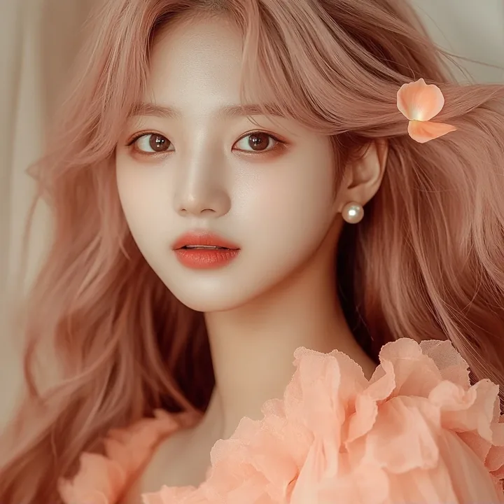 insert, a single peach petal caught in her hair just above the pearl earring. a Korean woman aged 23 with a soft oval face and full cheeks, warm dark brown eyes, a tiny beauty mark