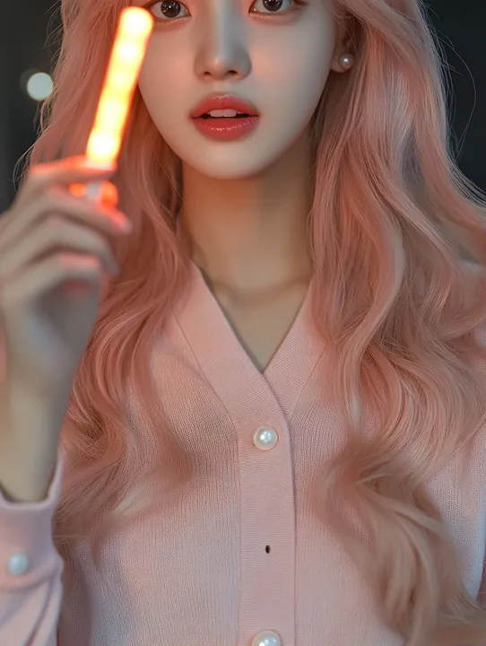 insert, both hands holding a peach light stick up out of focus, the glow on her fingers and the cardigan cuff. a Korean woman with long wavy pastel peach-pink hair and a small pear