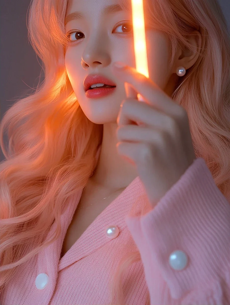 insert, both hands holding a peach light stick up out of focus, the glow on her fingers and the cardigan cuff. a Korean woman with long wavy pastel peach-pink hair and a small pearl stud earring. blus