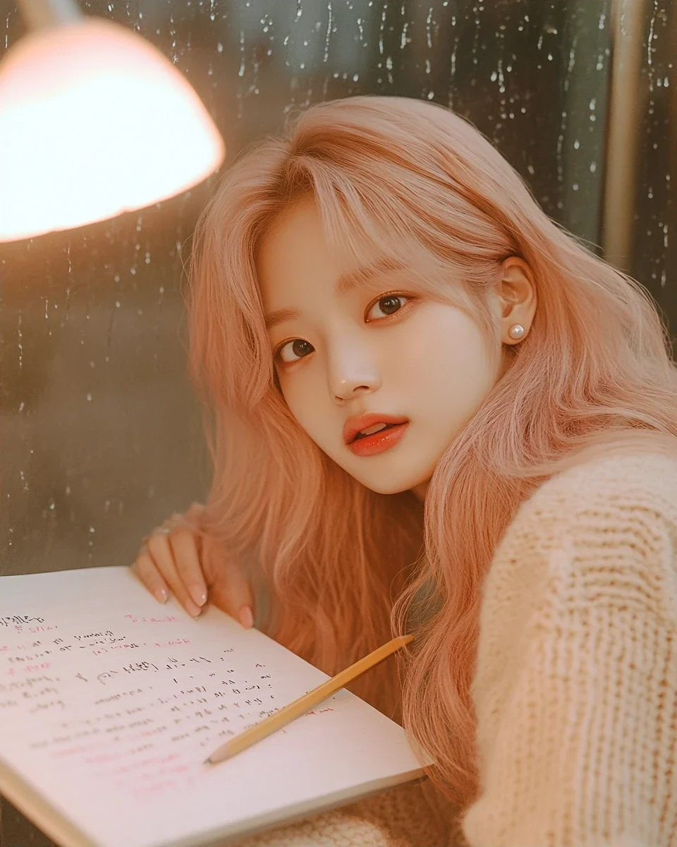 insert, a notebook of lyrics open under a warm lamp, a pencil resting on a line, her hand at the edge of the frame. a Korean woman aged 23 with a soft oval face and full cheeks, warm dark brown eyes,