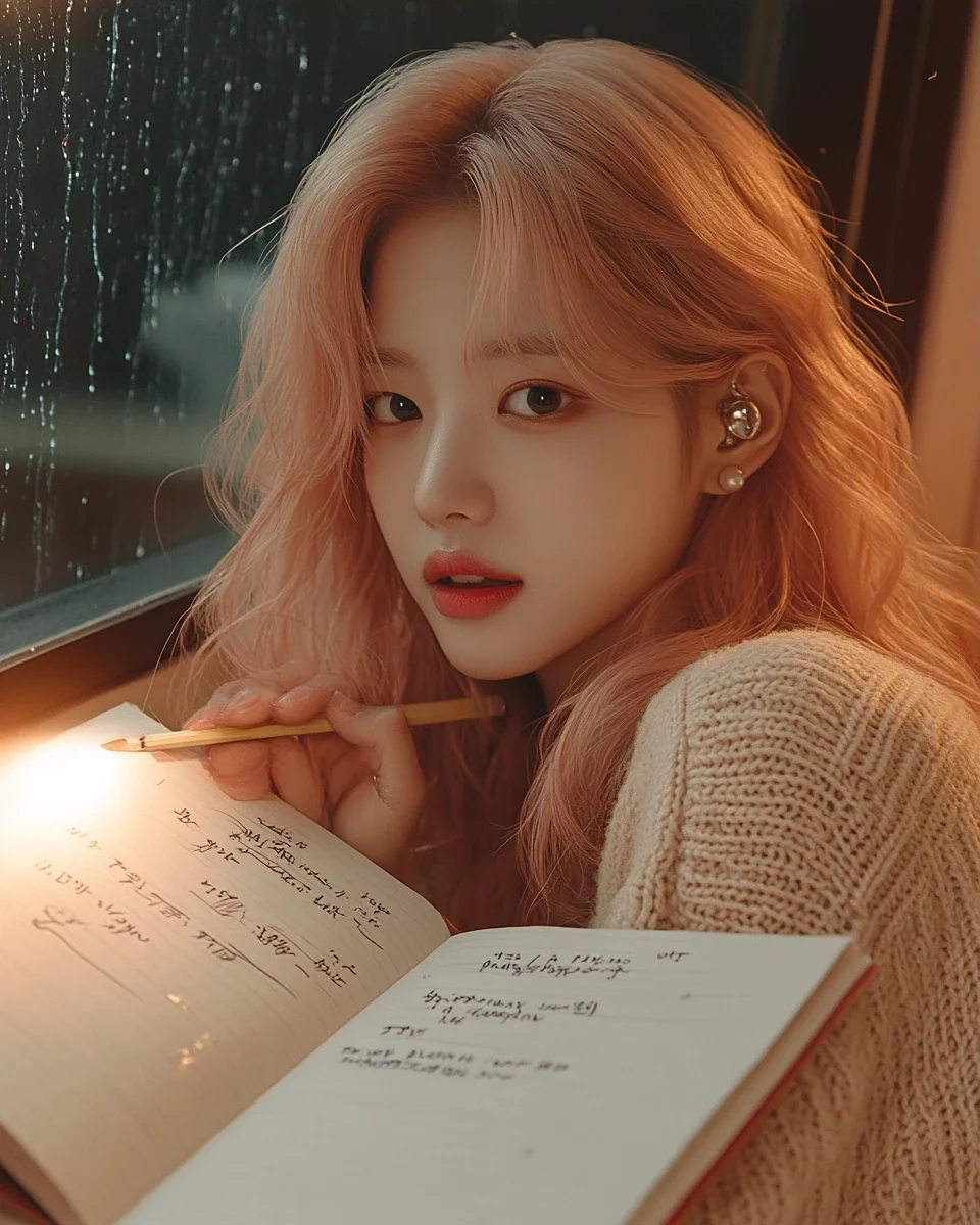 insert, a notebook of lyrics open under a warm lamp, a pencil resting on a line, her hand at the edge of the frame. a Korean woman aged 23 with a soft oval face and full cheeks, warm dark brown eyes, 