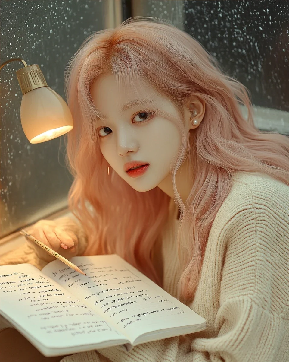insert, a notebook of lyrics open under a warm lamp, a pencil resting on a line, her hand at the edge of the frame. a Korean woman aged 23 with a soft oval face and full cheeks, warm dark brown eyes,