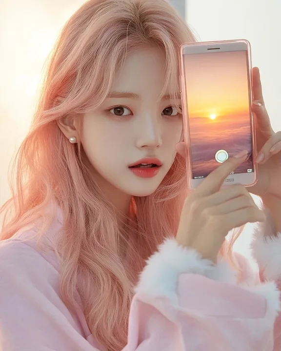 insert, a phone screen showing the sunrise she has just photographed, her thumb still on the shutter. a Korean woman aged 23 with a soft oval face and full cheeks, warm dark brown 