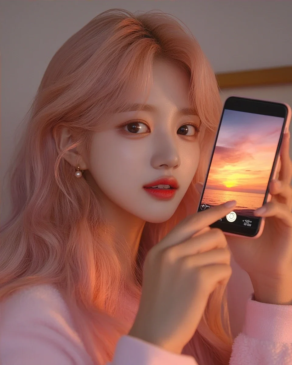 insert, a phone screen showing the sunrise she has just photographed, her thumb still on the shutter. a Korean woman aged 23 with a soft oval face and full cheeks, warm dark brown eyes, a tiny beauty 