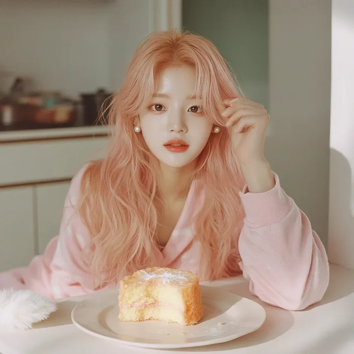 insert, a slightly burnt sponge cake on a plate and one floury hand pulling back, a small disaster in a bright kitchen. a Korean woman aged 23 with a soft oval face and full cheeks