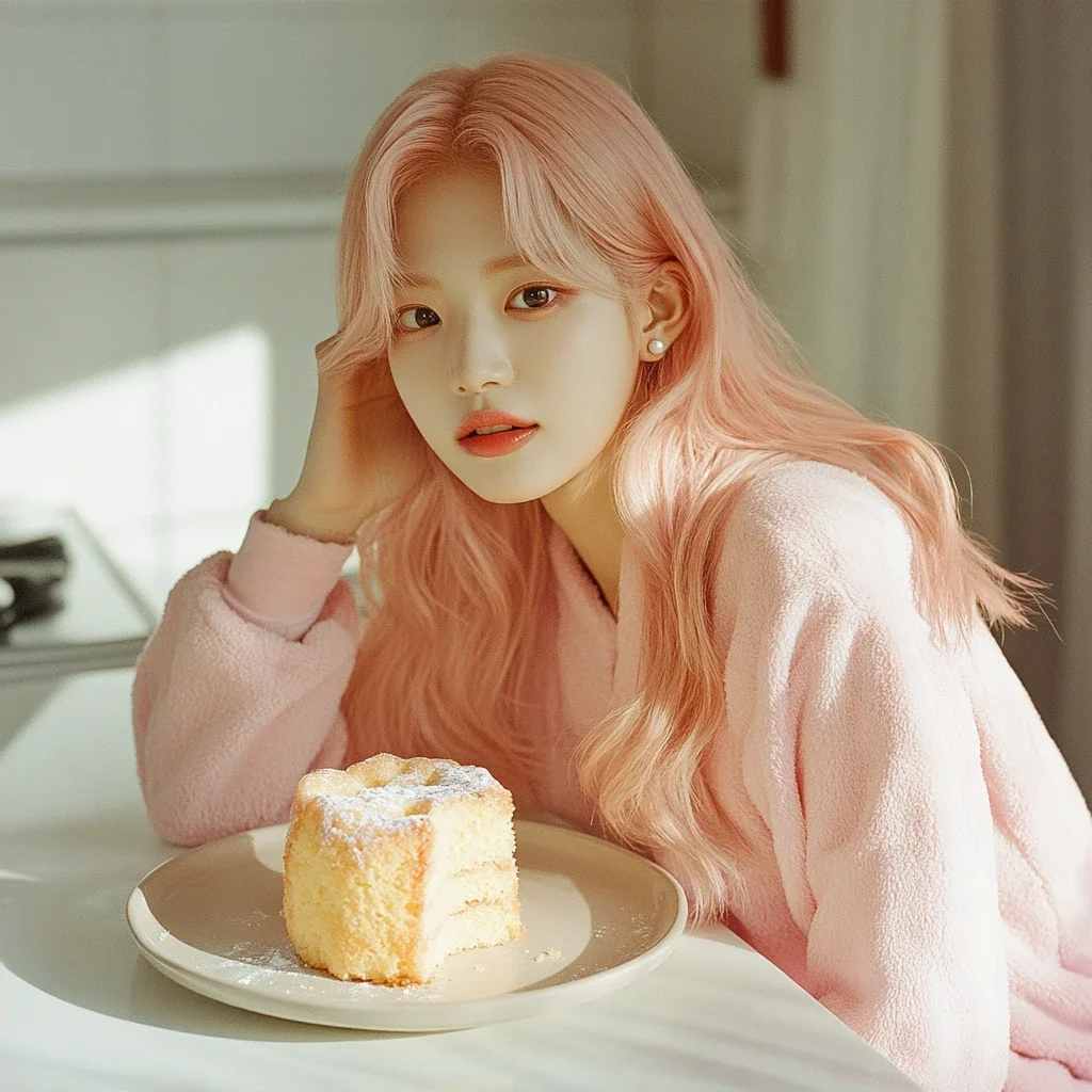insert, a slightly burnt sponge cake on a plate and one floury hand pulling back, a small disaster in a bright kitchen. a Korean woman aged 23 with a soft oval face and full cheeks, warm dark brown ey