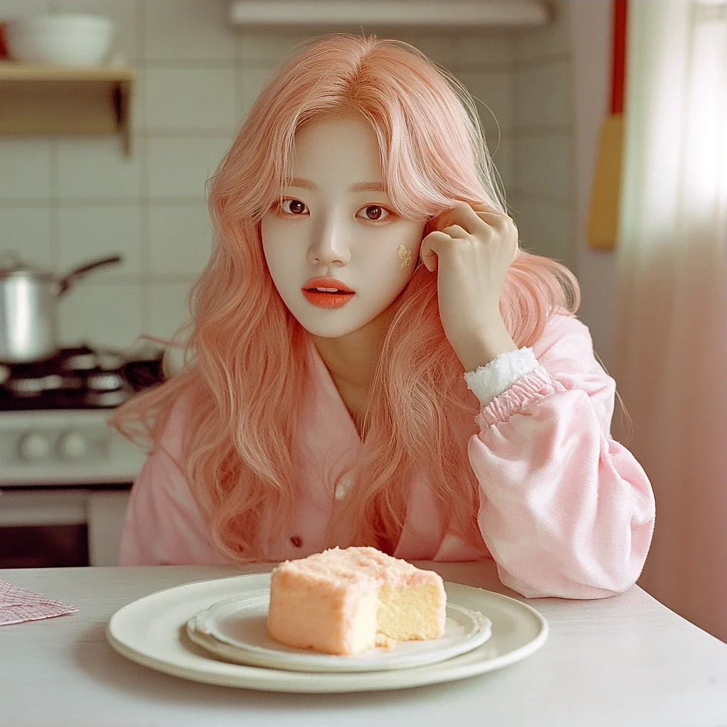 insert, a slightly burnt sponge cake on a plate and one floury hand pulling back, a small disaster in a bright kitchen. a Korean woman aged 23 with a soft oval face and full cheeks, warm dark brown ey