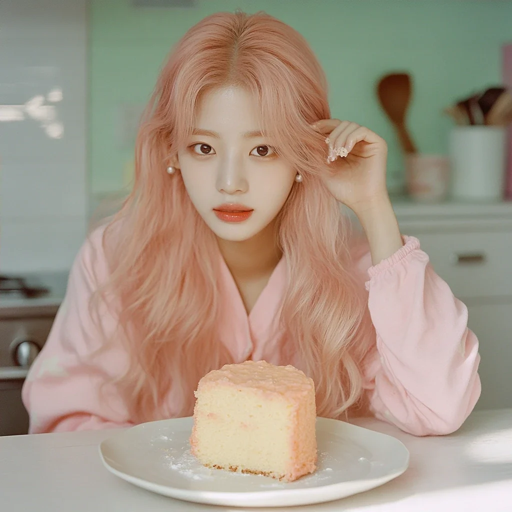 insert, a slightly burnt sponge cake on a plate and one floury hand pulling back, a small disaster in a bright kitchen. a Korean woman aged 23 with a soft oval face and full cheeks, warm dark brown ey