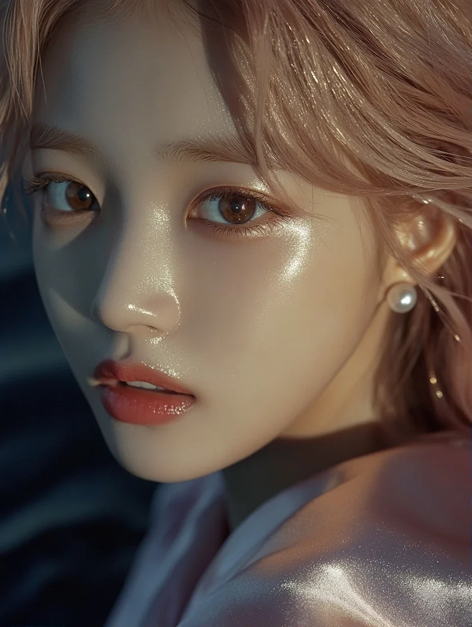 extreme close-up of one eye with the moon's reflection in it, silver-lit lashes, dark water behind. a Korean woman aged 23 with a soft oval face and full cheeks, warm dark brown eyes, a tiny beauty ma