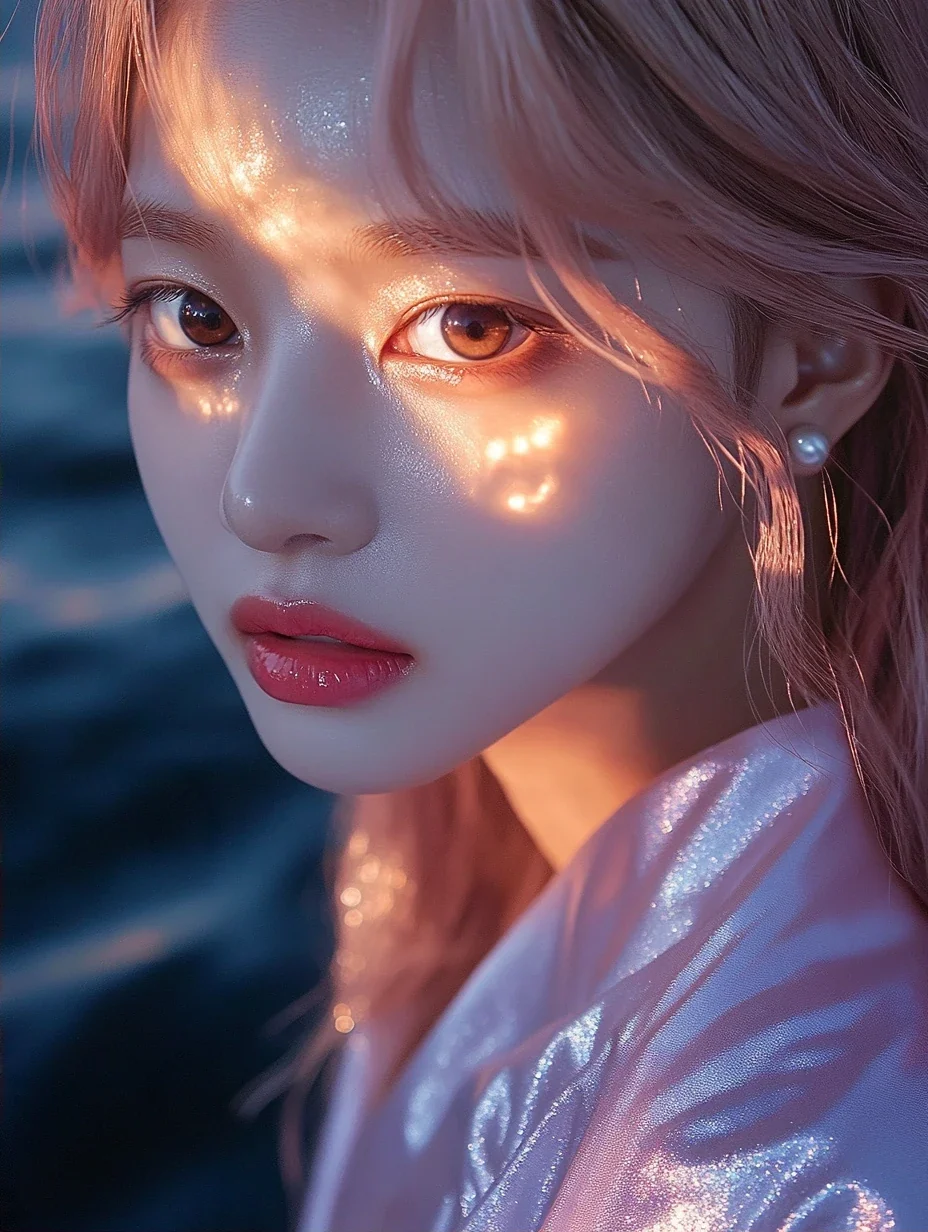 extreme close-up of one eye with the moon's reflection in it, silver-lit lashes, dark water behind. a Korean woman aged 23 with a soft oval face and full cheeks, warm dark brown eyes, a tiny beauty ma