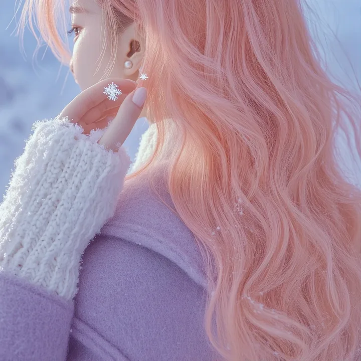 insert, a snowflake melting on the back of her hand, the wool cuff of her coat just in frame. a Korean woman with long wavy pastel peach-pink hair and a small pearl stud earring. s