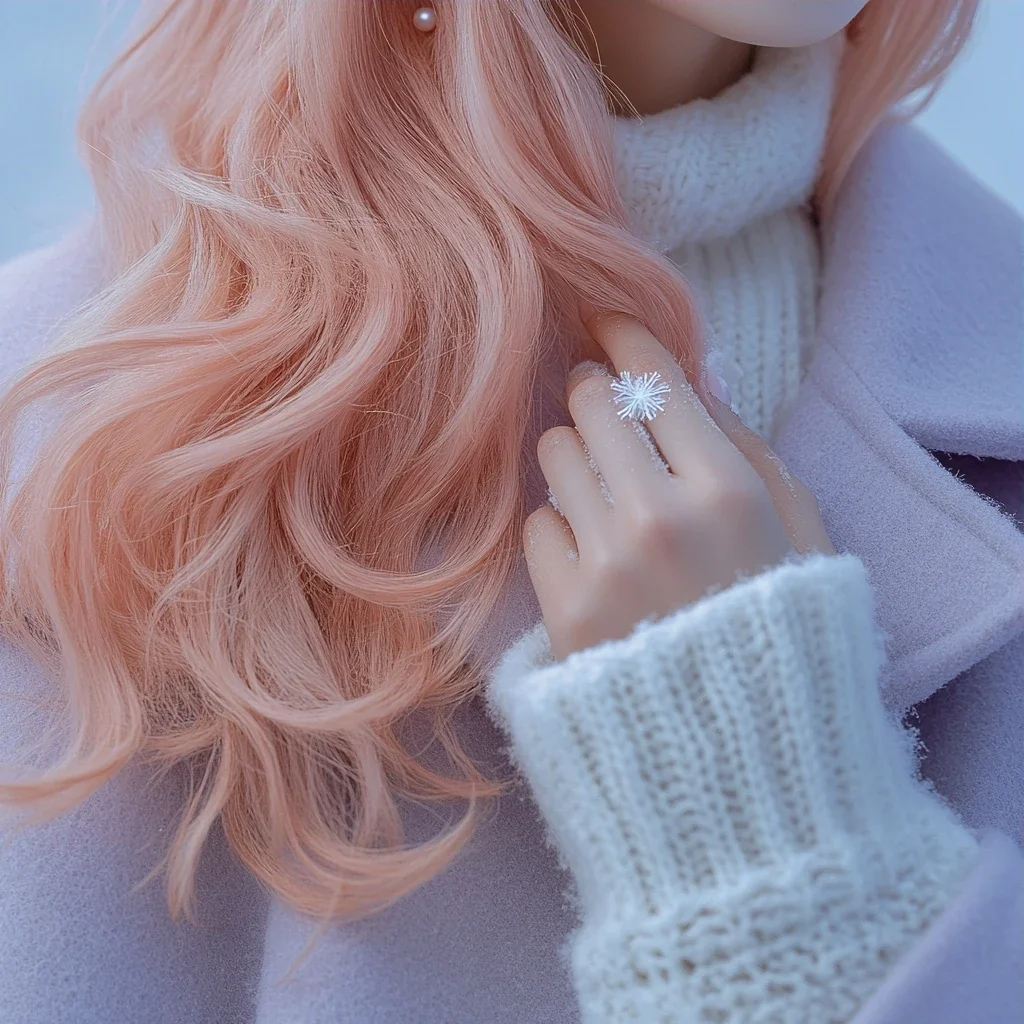 insert, a snowflake melting on the back of her hand, the wool cuff of her coat just in frame. a Korean woman with long wavy pastel peach-pink hair and a small pearl stud earring. soft lilac wool coat,