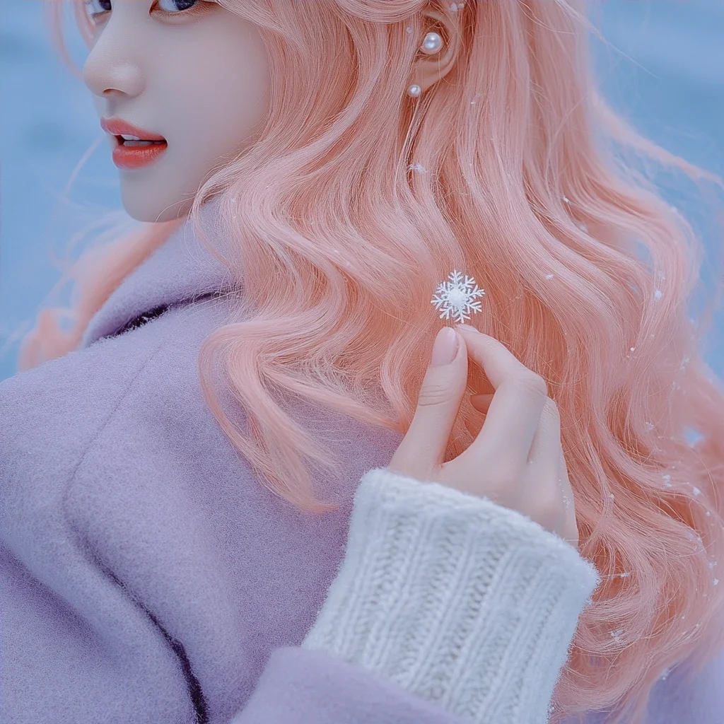 insert, a snowflake melting on the back of her hand, the wool cuff of her coat just in frame. a Korean woman with long wavy pastel peach-pink hair and a small pearl stud earring. soft lilac wool coat,