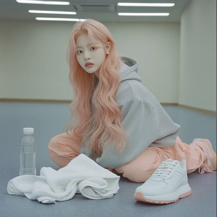 insert, a towel and a water bottle on the practice-room floor beside a pair of white sneakers, one shoe on its side. a Korean woman with long wavy pastel peach-pink hair and a smal