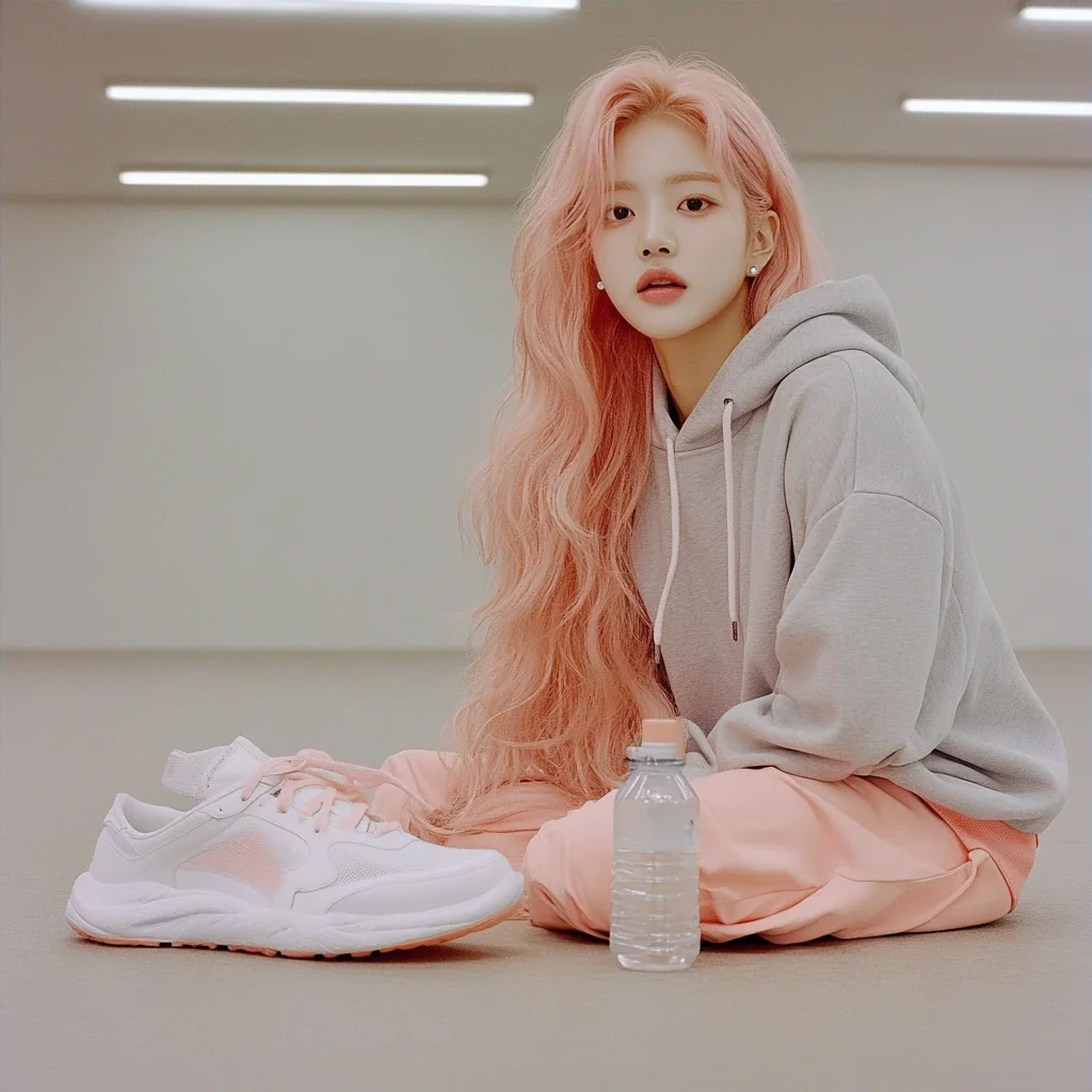 insert, a towel and a water bottle on the practice-room floor beside a pair of white sneakers, one shoe on its side. a Korean woman with long wavy pastel peach-pink hair and a small pearl stud earring