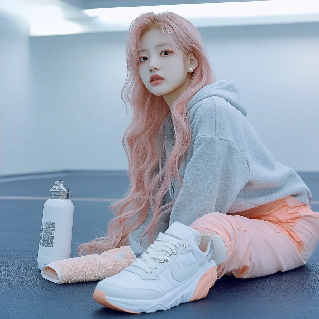 insert, a towel and a water bottle on the practice-room floor beside a pair of white sneakers, one shoe on its side. a Korean woman with long wavy pastel peach-pink hair and a small pearl stud earring