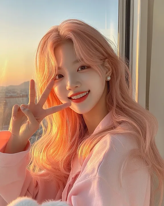 phone selfie at sunrise by an open window, sleepy smile, hair messy, a peace sign. a Korean woman aged 23 with a soft oval face and full cheeks, warm dark brown eyes, a tiny beauty