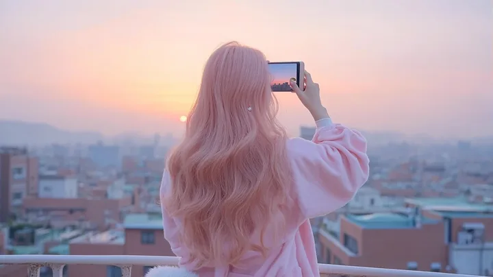 from behind, she stands on a balcony holding up her phone to photograph the sunrise over a sleeping city. a Korean woman with long wavy pastel peach-pink hair and a small pearl stu