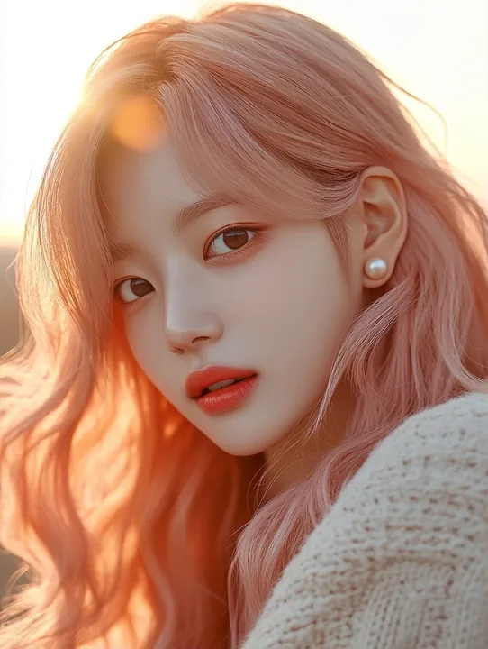 close-up, tucking her hair behind her right ear so the pearl shows, looking into the lens, first sun behind her. a Korean woman aged 23 with a soft oval face and full cheeks, warm 