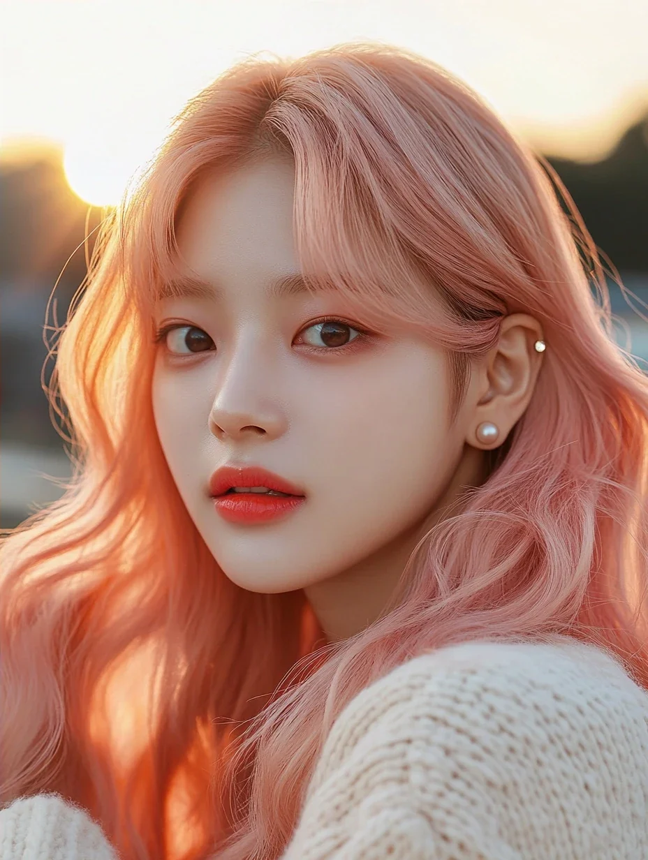 close-up, tucking her hair behind her right ear so the pearl shows, looking into the lens, first sun behind her. a Korean woman aged 23 with a soft oval face and full cheeks, warm dark brown eyes, a t