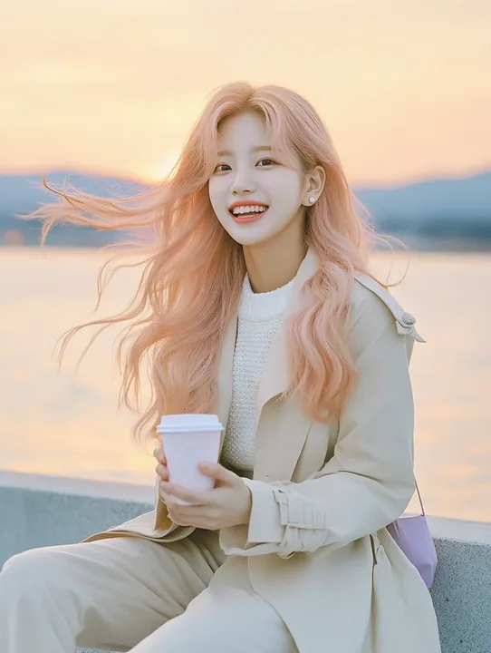 medium shot, sitting on a sea wall at dawn with a paper cup of coffee, laughing at the wind in her hair. a Korean woman aged 23 with a soft oval face and full cheeks, warm dark bro