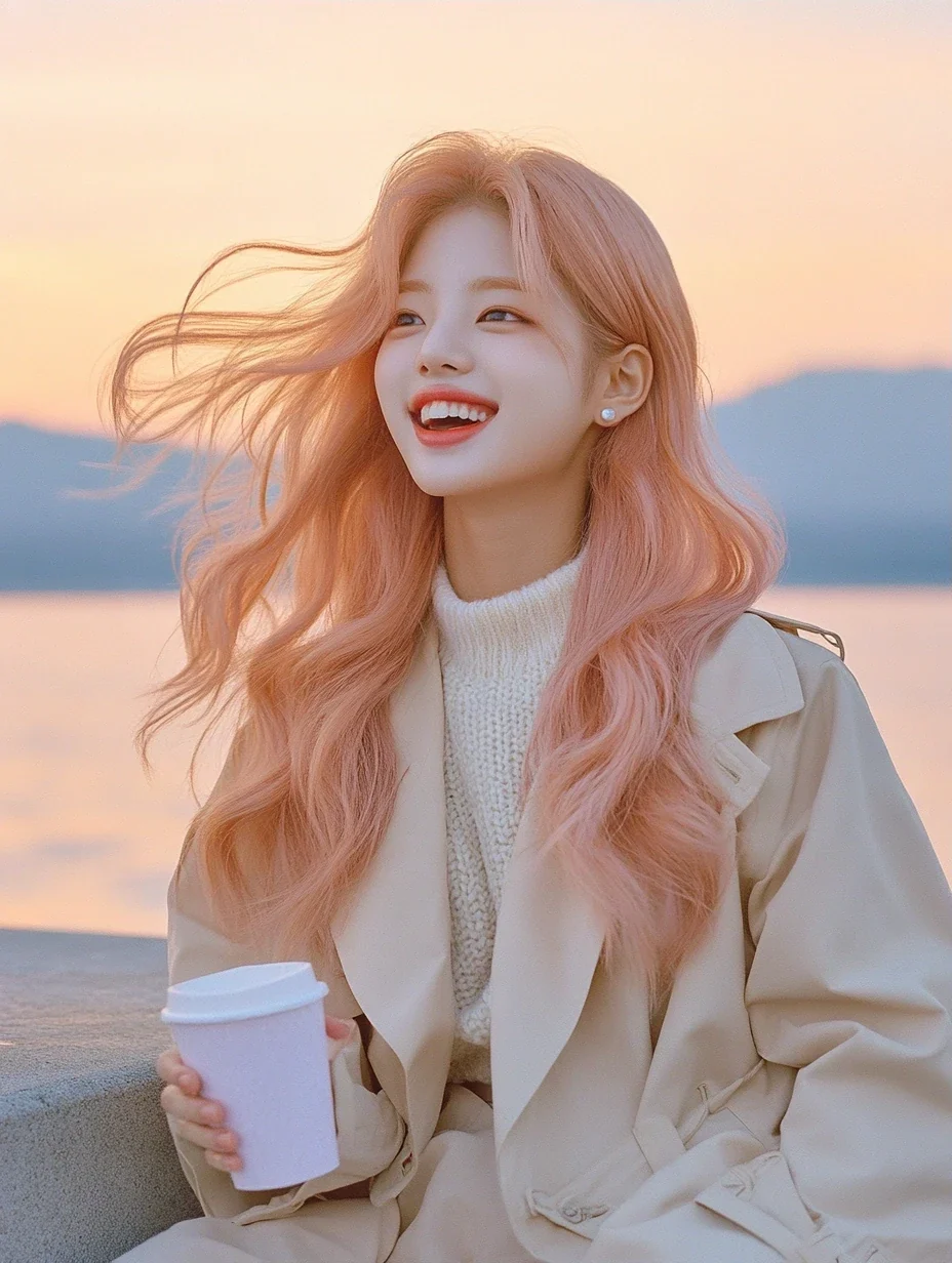 medium shot, sitting on a sea wall at dawn with a paper cup of coffee, laughing at the wind in her hair. a Korean woman aged 23 with a soft oval face and full cheeks, warm dark brown eyes, a tiny beau