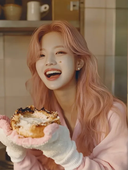 medium shot, in a small kitchen holding a burnt cake with oven mitts, laughing loudly, flour on her cheek. a Korean woman aged 23 with a soft oval face and full cheeks, warm dark b
