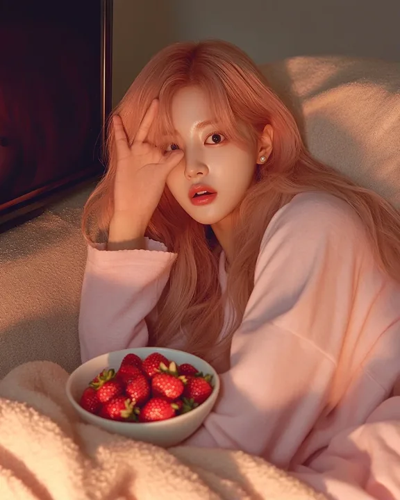 medium shot, curled on a sofa under a blanket watching a film, a bowl of strawberries, one hand covering her eyes at a scary moment. a Korean woman aged 23 with a soft oval face an