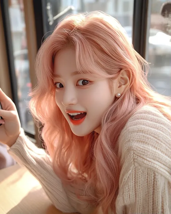 close-up POV, she leans toward the camera across a café table to show something on her phone, excited. a Korean woman aged 23 with a soft oval face and full cheeks, warm dark brown