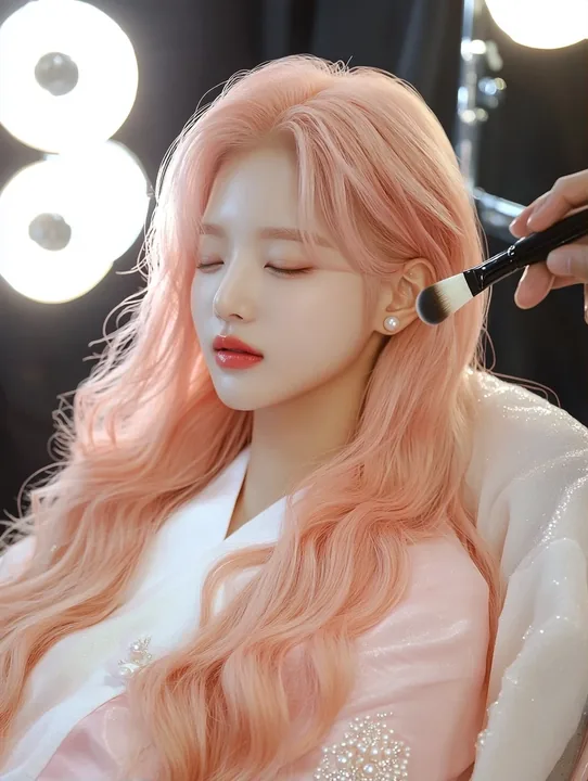 medium shot, asleep sitting up in a makeup chair backstage, a stylist's brush paused in mid-air at the edge of the frame. a Korean woman aged 23 with a soft oval face and full chee