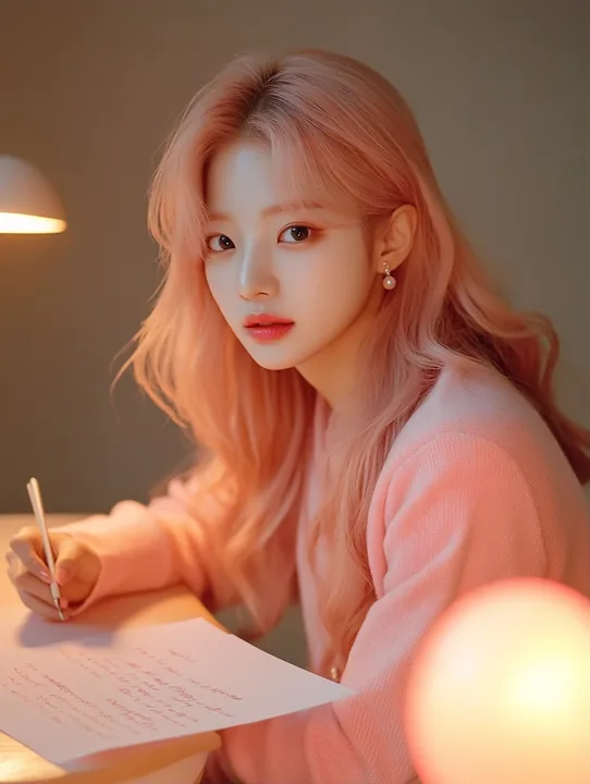 medium shot, writing a letter to her fans at a desk, the paper turned away from the camera, a peach light stick beside her. a Korean woman aged 23 with a soft oval face and full ch