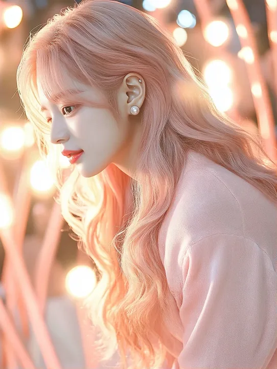 full length, at a fan meeting, bowing deeply on a small stage, a crowd of peach light sticks in soft focus. a Korean woman with long wavy pastel peach-pink hair and a small pearl s