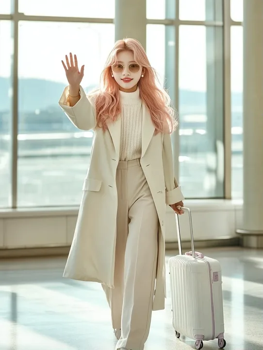 full length, walking through an airport terminal at dawn pulling a white suitcase, sunglasses pushed up, waving shyly. a Korean woman with long wavy pastel peach-pink hair and a sm