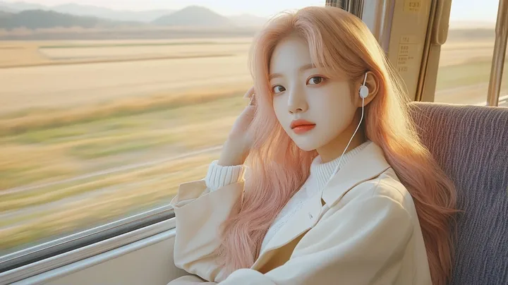 medium shot, sitting on a train by the window, earphones in, forehead on the glass, fields passing. a Korean woman aged 23 with a soft oval face and full cheeks, warm dark brown ey