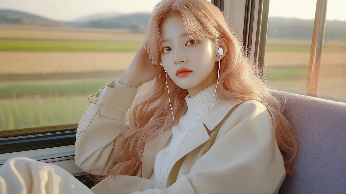 medium shot, sitting on a train by the window, earphones in, forehead on the glass, fields passing. a Korean woman aged 23 with a soft oval face and full cheeks, warm dark brown eyes, a tiny beauty ma