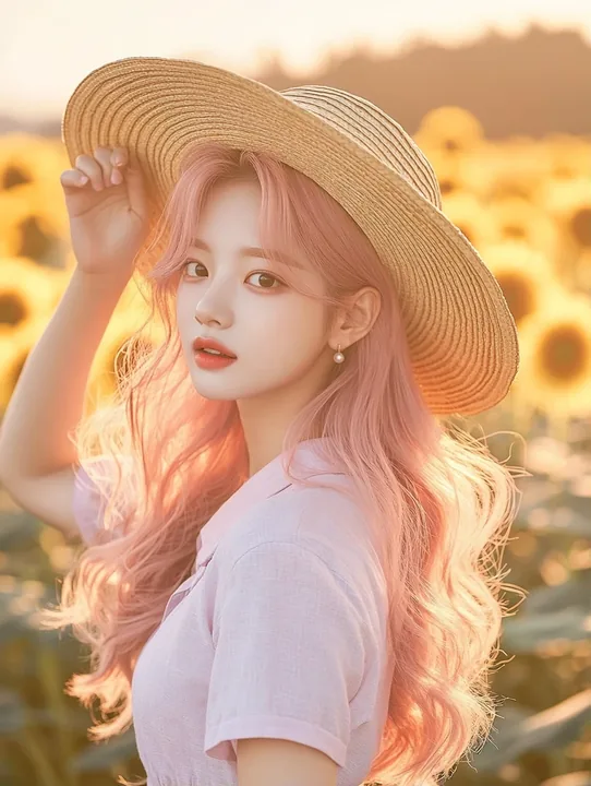 medium shot, standing in a field of sunflowers at golden hour, holding her straw hat against the wind. a Korean woman aged 23 with a soft oval face and full cheeks, warm dark brown