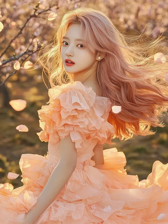 concept photo, full length, spinning in an orchard of peach blossoms, petals swirling around her. a Korean woman with long wavy pastel peach-pink hair and a small pearl stud earrin