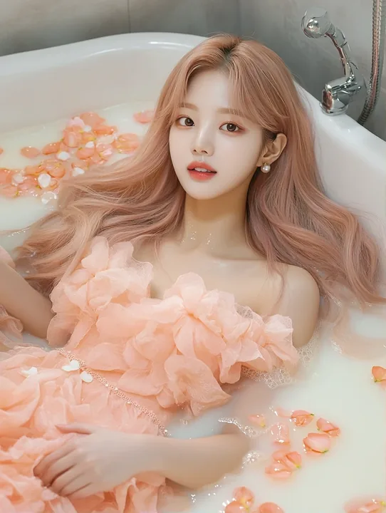 concept photo, medium shot, lying in a bathtub filled with petals and milk-white water, fully dressed, hands folded, a calm smile. a Korean woman aged 23 with a soft oval face and 