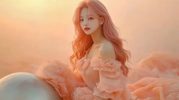 concept photo, wide shot, she sits on a giant pearl in a pastel dreamscape at dawn. a Korean woman with long wavy pastel peach-pink hair and a small pearl stud earring. peach organ