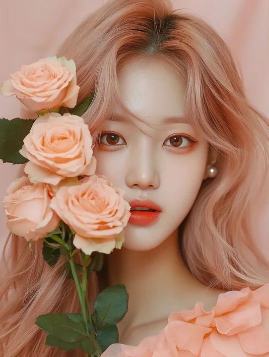 concept photo, medium shot, holding a bouquet of peach roses to her face, only her eyes visible above the flowers. a Korean woman aged 23 with a soft oval face and full cheeks, war
