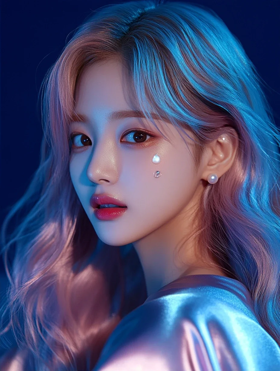 concept photo, close portrait under moonlight, eyes lifted, a single tear of light on her cheek. a Korean woman aged 23 with a soft oval face and full cheeks, warm dark brown eyes, a tiny beauty mark