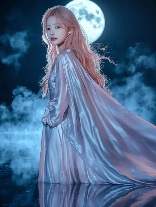 concept photo, full length, standing on a mirror-still lake at night, the moon behind her, the cape lifting in the wind. a Korean woman with long wavy pastel peach-pink hair and a 