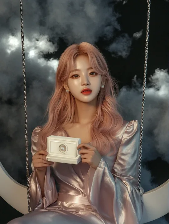 concept photo, medium shot, sitting on a crescent-shaped swing among dark clouds, holding the pearl-white music box. a Korean woman aged 23 with a soft oval face and full cheeks, w