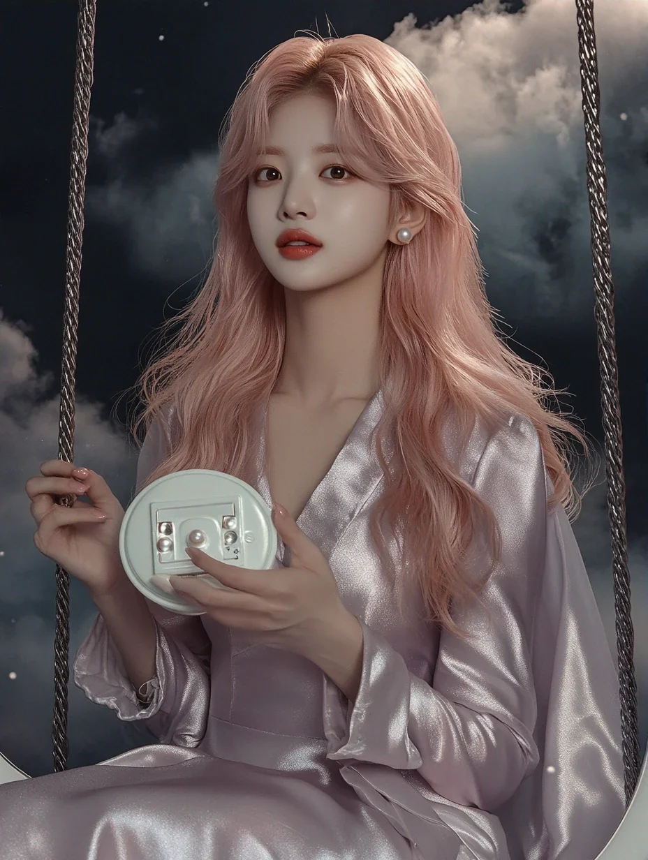 concept photo, medium shot, sitting on a crescent-shaped swing among dark clouds, holding the pearl-white music box. a Korean woman aged 23 with a soft oval face and full cheeks, warm dark brown eyes,
