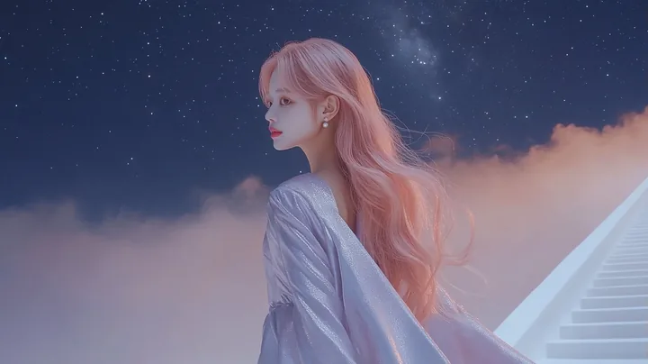 concept photo, wide shot, a small figure walking along a long white staircase into the night sky. a Korean woman with long wavy pastel peach-pink hair and a small pearl stud earrin