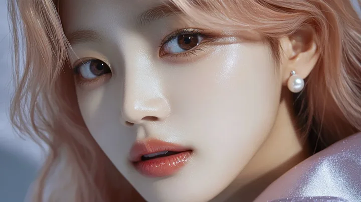 concept photo, extreme close-up of her eyes and the pearl earring, silver glitter on her lashes. a Korean woman aged 23 with a soft oval face and full cheeks, warm dark brown eyes,