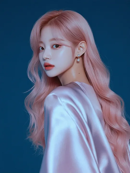 comeback teaser, a clean frame with empty space at the top for the date, she looks over her shoulder at the moon. a Korean woman aged 23 with a soft oval face and full cheeks, warm