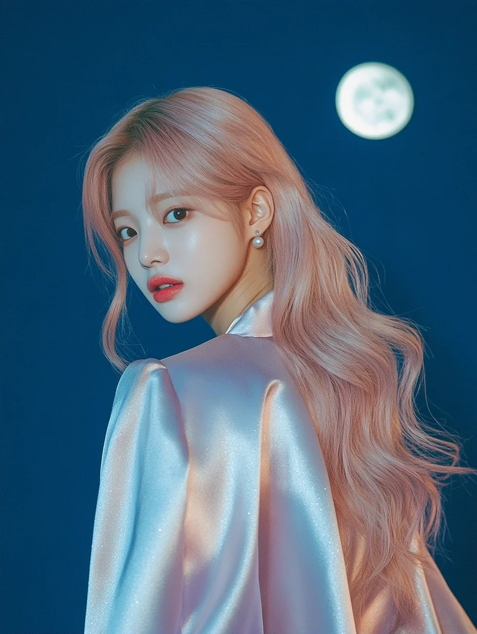comeback teaser, a clean frame with empty space at the top for the date, she looks over her shoulder at the moon. a Korean woman aged 23 with a soft oval face and full cheeks, warm dark brown eyes, a