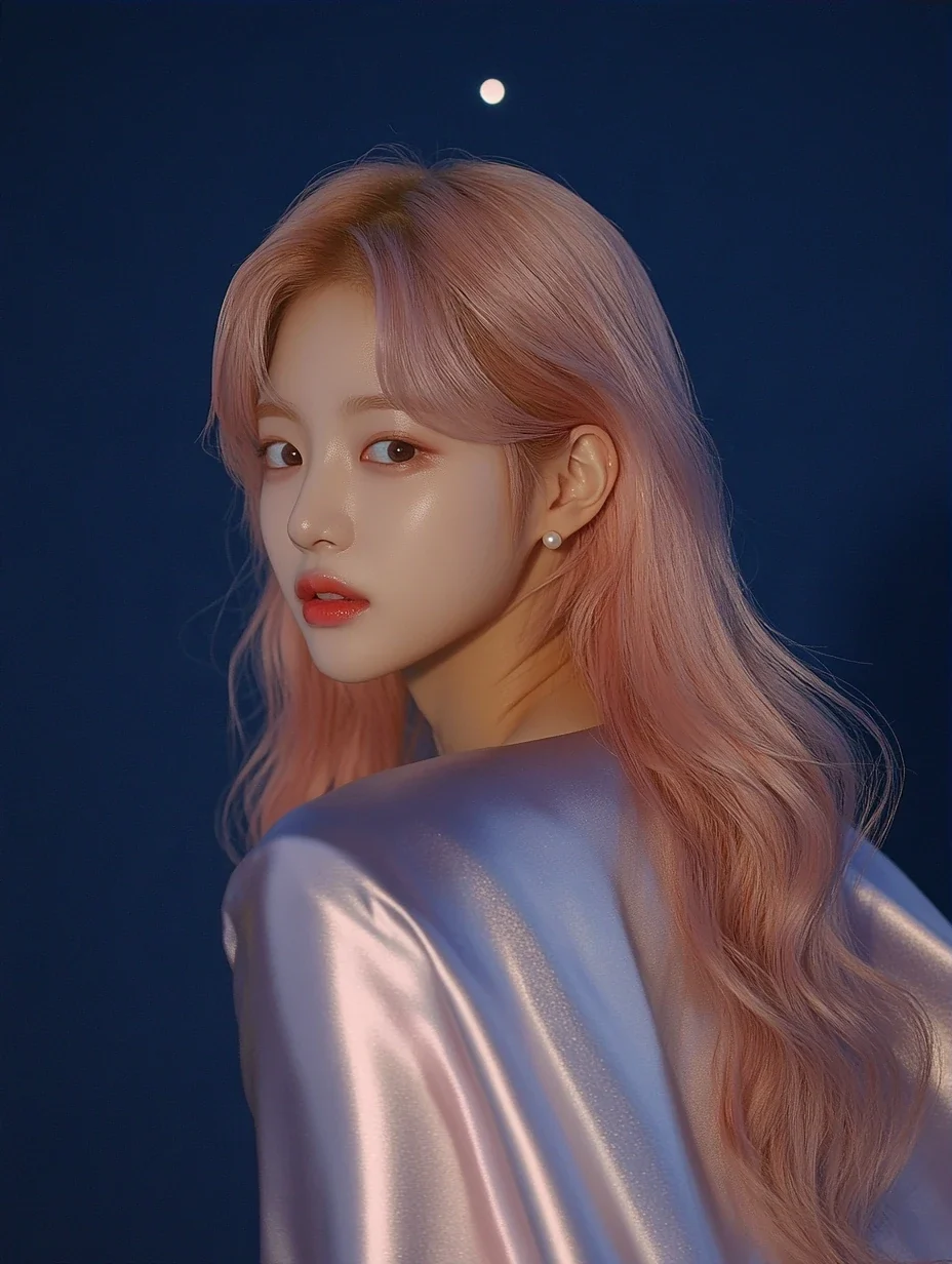 comeback teaser, a clean frame with empty space at the top for the date, she looks over her shoulder at the moon. a Korean woman aged 23 with a soft oval face and full cheeks, warm dark brown eyes, a